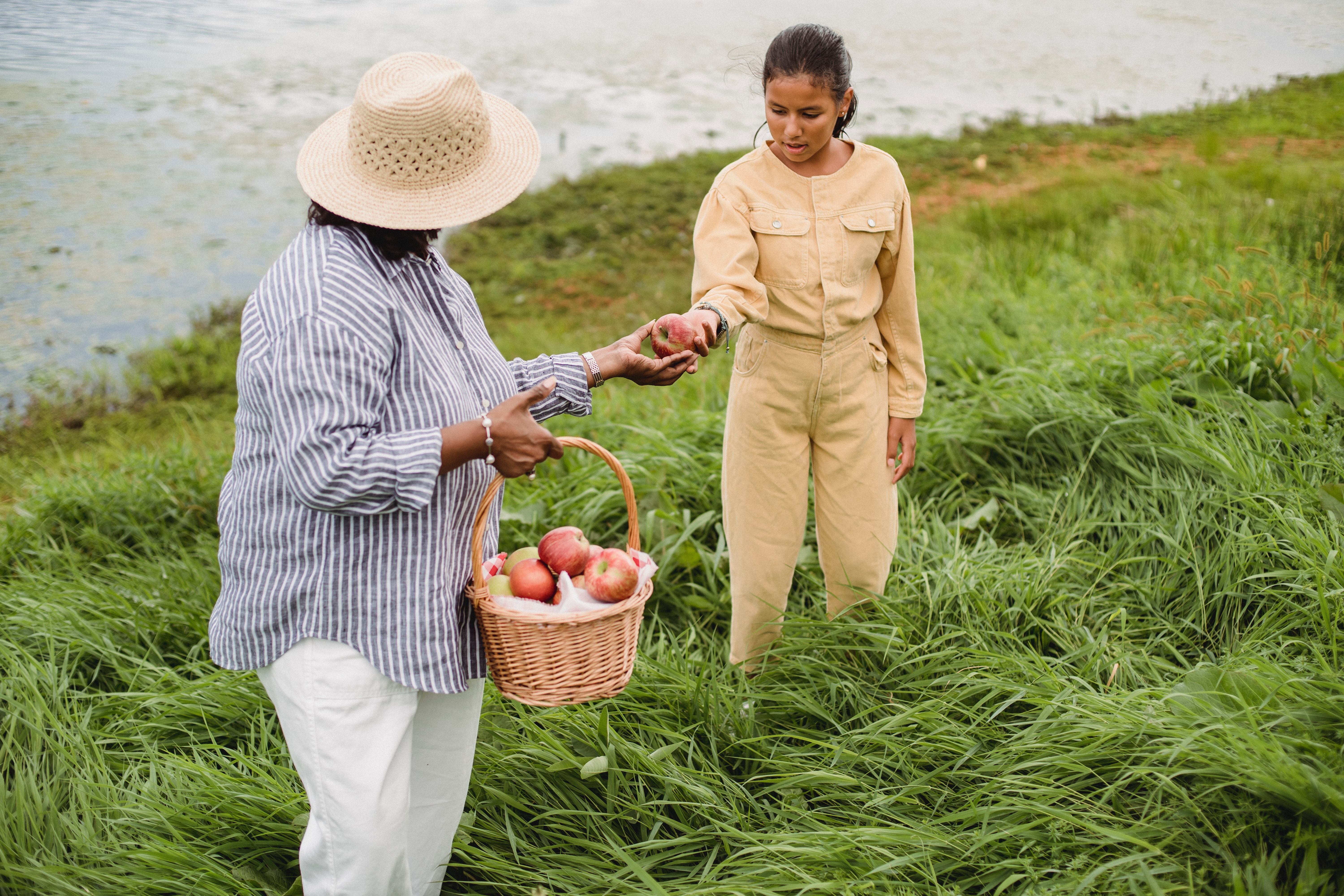 older woman handing younger woman an apple an a field 